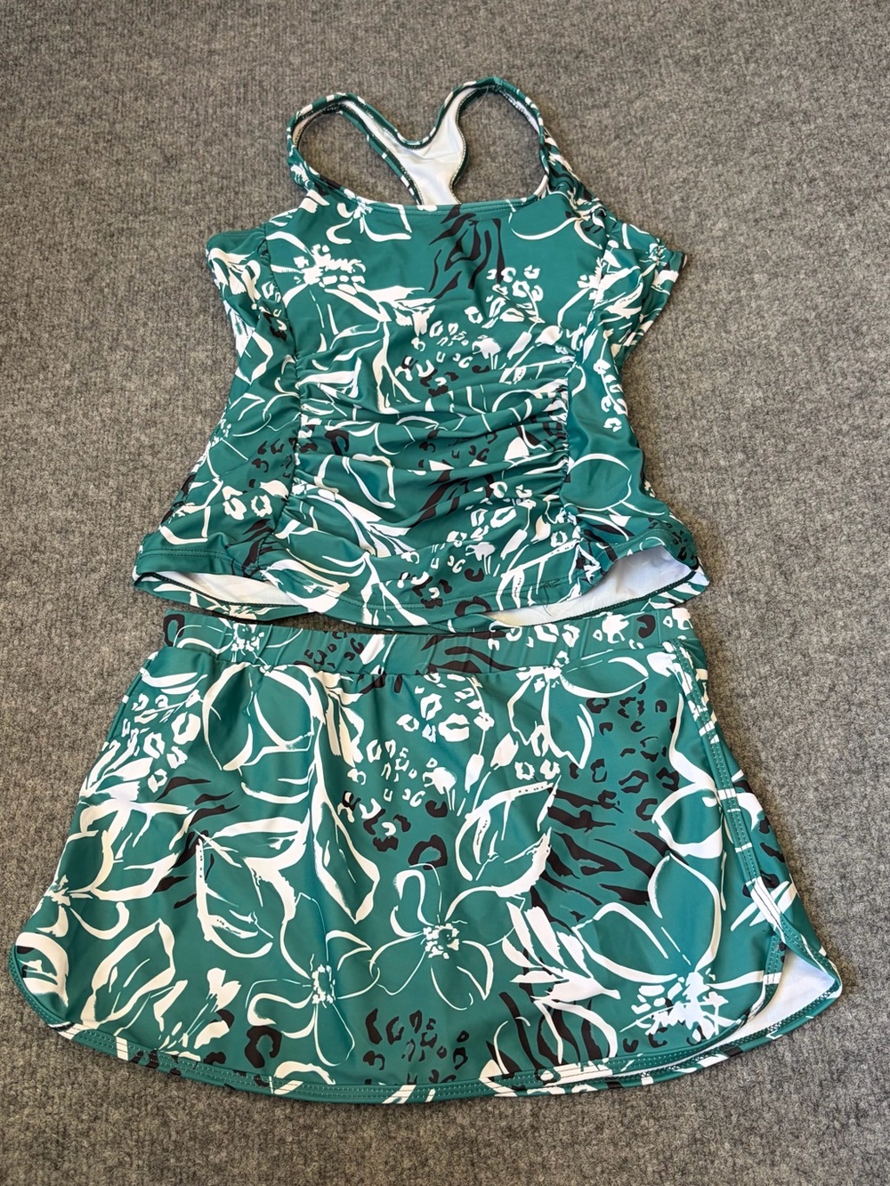 Unbranded Swimdress Set Women M Teal Floral Ruched Tankini Skirted 2pc Swimsuit